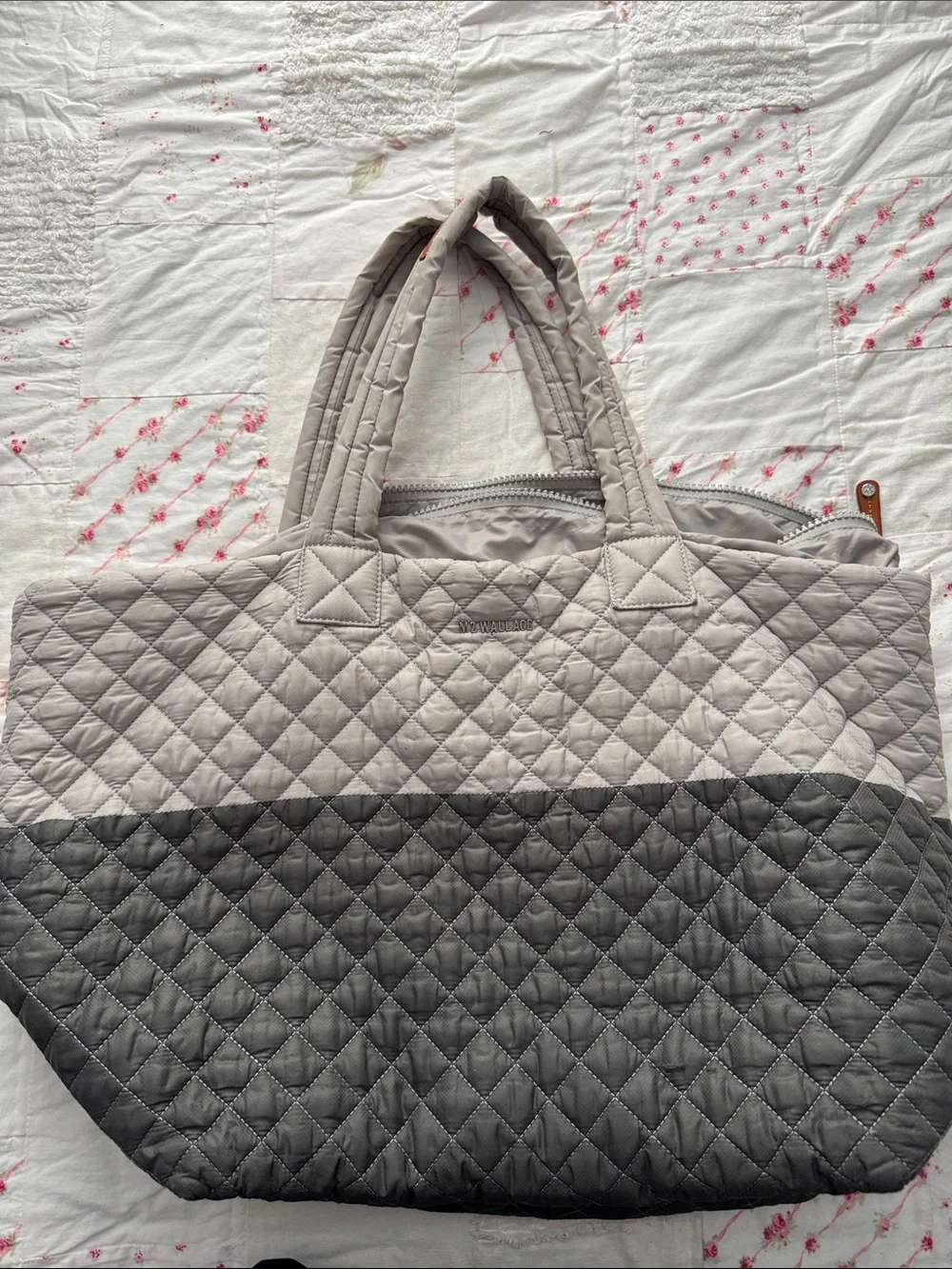 MZ Wallace Quilted Nylon Tote Bag — Light Gray/Dark Gray